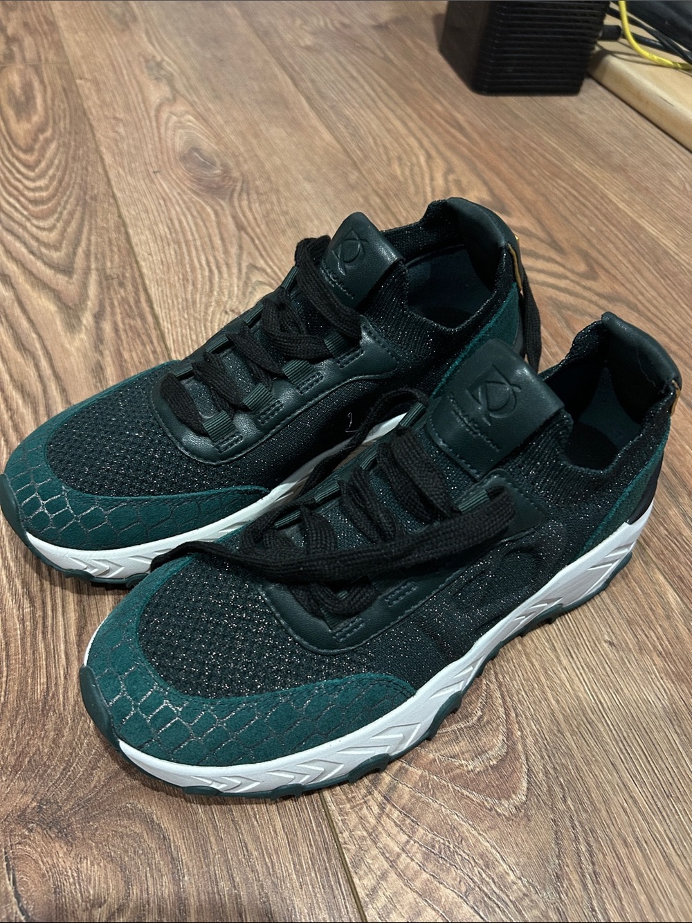 Donna Karan Dark Green and Black Knit Lace-Up Sneakers
